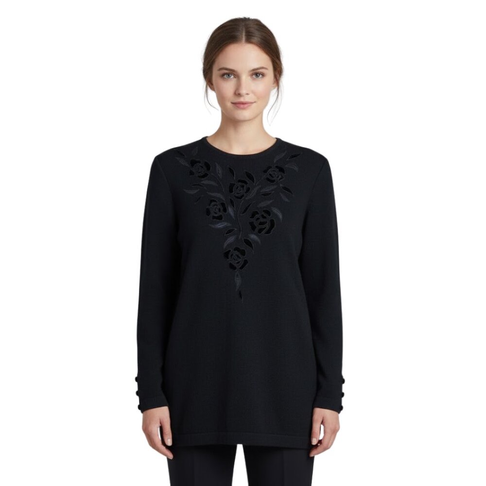 Vintage Valentino 100% Wool Black Velvet Floral Sweater 6 Designer Italian Luxe
